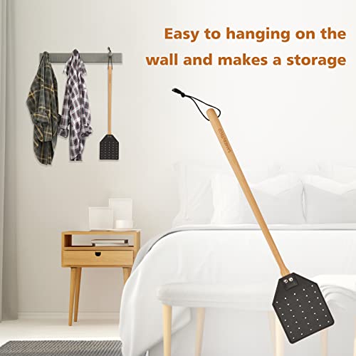 SAMEBUTECO Leather Fly Swatter Black Effective Insects Catcher with Heavy-Duty Design and Bench Wood Handle - 19.7" Length