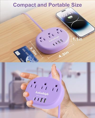 Purple Extension Cord - 10 FT Flat Extension Cord, 1625W Cute Extension Cord with 3 AC Outlet 4 USB (24W/4.8A), Compact for Cute Purple Kawaii Lavender Desk Accessories