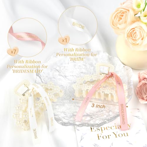 DEEKA Bridesmaid Proposal Gifts 8 Pack Pearl Bridesmaid Hair Claw Clips with Ribbon 3 Inch Hair Clips Bachelorette Party Favors Bridal Party Present Hair Accessories (Half Circle White&Rose Gold)