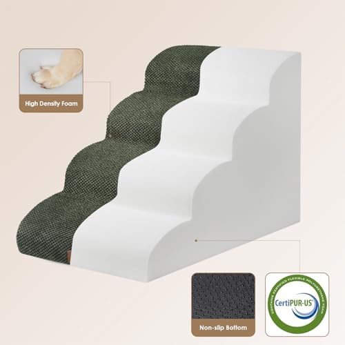 EHEYCIGA Curved Dog Stairs Ramp for High Beds 19.7" H, 4-Step Dog Steps for Small Dogs and Cats, Pet Stairs for High Bed Climbing, Non-Slip Balanced Pet Step Indoor, Olive Green