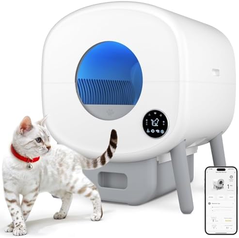 Cumrige Self Cleaning Litter Box, 95 L Automatic Cat Litter Box Self Cleaning for Multiple Cats, with Safety Protection, App Control,2 Roll Garbage Bags,White