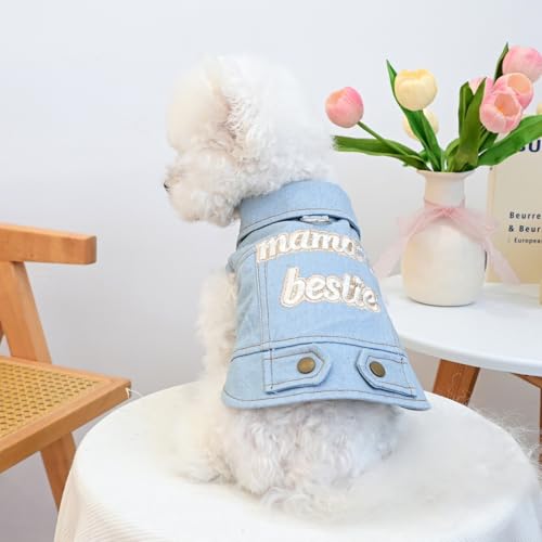 PalmPurr Light Blue Denim Dog Vest for Small Dogs & Cats, “Mama’s Bestie” Embroidered Jean Jacket with D-Ring, Soft Lightweight Pet Outfit for Walks, Parties & Daily Wear(L)