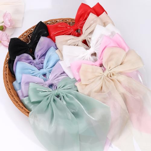 10 PCS Big Hair Bows for Women Girls,TOKUFAGU Large Hair Ribbon Bow Barrette Clips for Girls,Hair Bows with Long Tail Vintage French Hair Accessories for Women (Polished satin surface)