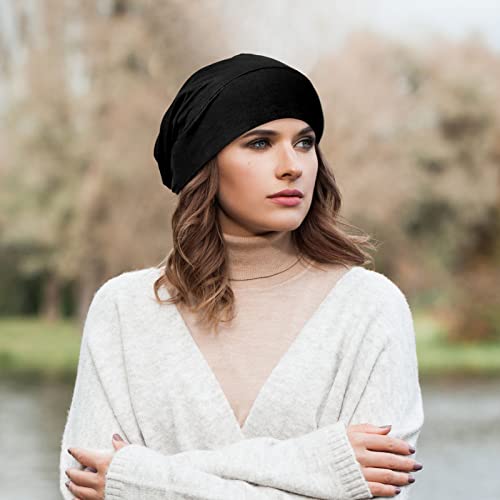 4 Pcs Satin Lined Sleep Bonnet Silk Sleep Cap Slouchy Beanie Hat Night Sleeping Head Wrap for Women Men Curly Hair(Black)