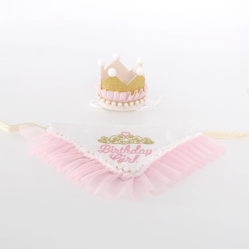 Princess Dog Crown Hat Scarf Set, Dog Birthday Hat Dress Outfit, Wedding Party Supplies for Girl Cats and Small Mini Dogs (GoldPearl)