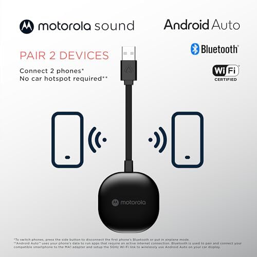 Motorola Sound MA1, The Only Google Authorized Wireless Android Auto Car Adapter, Smartphone to Screen Wireless Bridge Car Accessories, USB Type-A