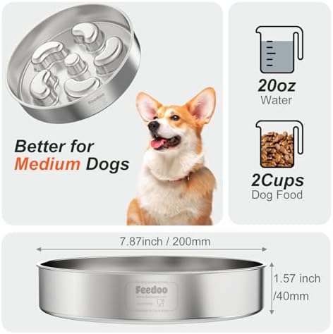Slow Feeder Dog Bowl, Double Wall Food-Grade Stainless Steel, Heavy Duty with Non-Slip Rubber Base, 2Cups Capacity for Medium Dogs to Slow Down Eating
