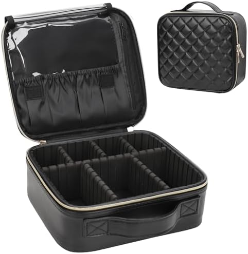 Relavel Makeup Bag, Travel Cosmetic Train Case Organizer Portable Artist Storage Bag with Adjustable Dividers for Cosmetics Makeup Brushes Toiletry Jewelry Digital Accessories Quilted Leather Black