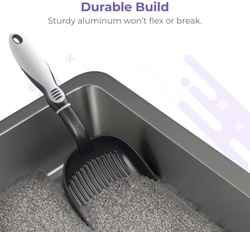 iPrimio Cat Litter Scoop Metal w/ Deep Shovel, Black - Non Stick Plated Aluminum Cat Litter Scooper with Holder - Litter Box Scooper - Metal Cat Litter Scoop - Patented Sifter w/ Holder - Solid Handle