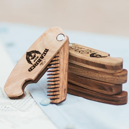 Enjoy The Wood Beard Comb for Men, Folding Pocket Beard Accessories for Men, Engraved Walnut Wooden Comb for Moustache, Beard & Hair - Perfect Gift For Him (Gift for Him (Skull)) (Model BM)