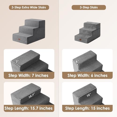 EHEYCIGA Dog Stairs for Small Dogs 16.5”H, 3-Step Extra Wide Dog Steps for Couch Sofa and Chair, Pet Steps for Small Dogs and Cats, Non-Slip Balanced Pet Ramp, Grey