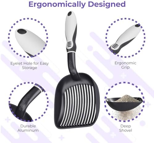 iPrimio Cat Litter Scoop Metal w/ Deep Shovel, Black - Non Stick Plated Aluminum Cat Litter Scooper with Holder - Litter Box Scooper - Metal Cat Litter Scoop - Patented Sifter w/ Holder - Solid Handle
