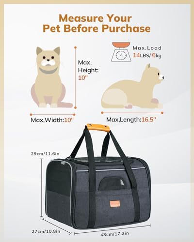 Morpilot Cat Carrier Soft - Portable Pet Carrier for Small or Medium Cats, Dogs and Puppy up to 14lbs, Airline Approved Dog Carrier with Safety Buckle and Foldable Bowl - 17 x 11 x 12 Inch (Dark Gray)