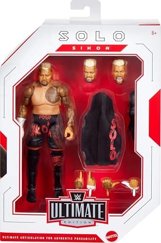 Mattel WWE Ultimate Edition Action Figure & Accessories, 6-inch Solo Sikoa Collectible Set, Swappable Heads & Hands, 30 Articulation Points