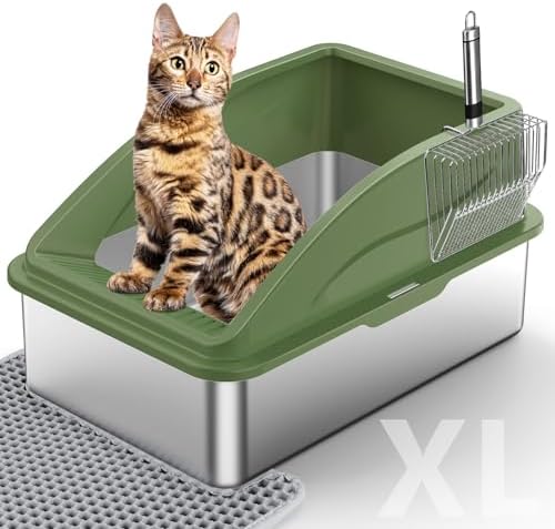 Stainless Steel Cat Litter Box, Extra Large Litter Boxes for Big Cats, XL Metal Cat Litter Box with Lid, Anti-Urine Leakage, Non-Sticky, Include Cat Mat and Litter Scoop