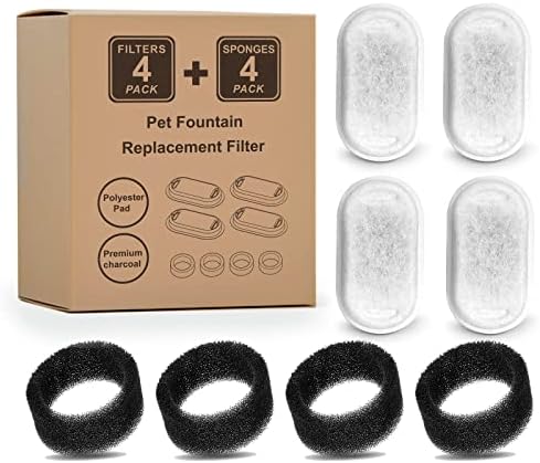 Cat Water Fountain Filters, Compatible with Stainless Steel Pet Fountain 8 Filters with 8 Sponges Replacement Filters for Cat Fountain (4 Filters& 4 Sponges)