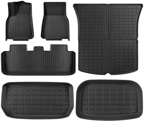 SUPER LINER Floor Mats for Tesla Model Y 5 Seat 2021-2024 2025-100% Eco-Friendly - All Weather TPE Cargo Liner Trunk Accessories, Set of 6 Mats (Not Fit 7-Seat)