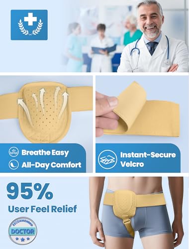 Hernia Belts for Men Inguinal, Hernia Belt for Women, Inguinal Hernia Support for Left or Right Side, Comfortable Adjustable Waist Strap with Removable Compression Pads, Beige