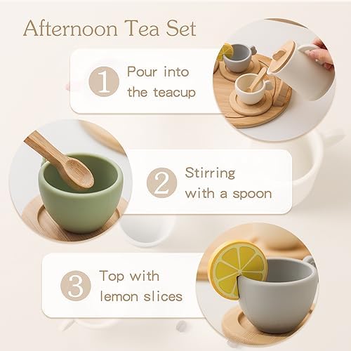 Wooden Tea Party Set for Little Girls 14pcs Toddler Tea Set with Silicone Teapot Cups Carrying Tray Scoop Kids Kitchen Accessories Pretend Play Wooden Toys for 3 4 5 6 Year Old Girl Birthday Gift