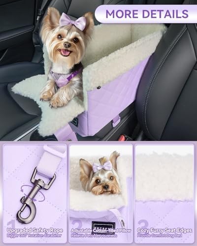 PETSFIT Cat Car Seat with Safe Protection Hooks, Center Console Dog Car Seat with Upgraded Safety Tethers, Washable Cushion, Dog Car Seats for Small Dogs Up to 9 Lbs (Purple)