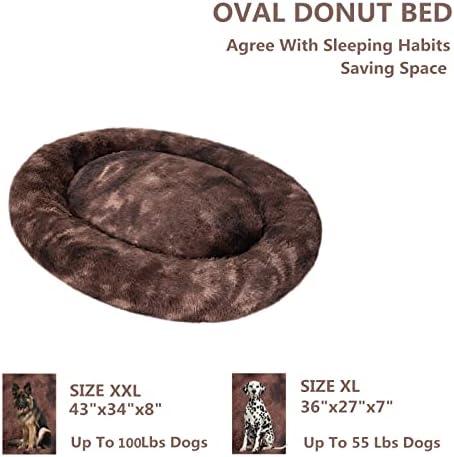 Coohom Oval Calming Donut Cuddler Dog Bed,Shag Faux Fur Cat Bed Washable Round Pillow Pet Bed(30"/36") for Small Medium Dogs (XXL(43"x34"x8"), Brown2021)
