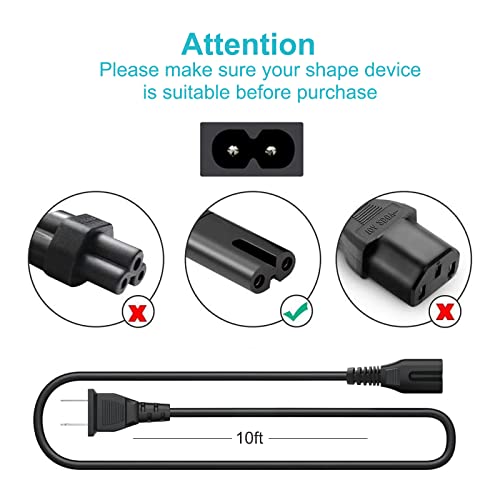 10Ft 2 Prong Power Cord Plug for Sony SRS-XP500 SRS-XP700 SRS-RA3000 XB72 GTK-XB60 XB90 XB5 XB7 MHC-V13 V71 Speaker, Samsung 24 32 40 43 48 49 50 55 60 65 75 inch TV Replacement Charger Charging Cable