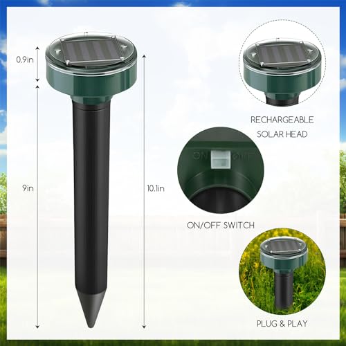 8 Pieces Solar Mole Repellent Ultrasonic Insect Repellent Solar Powered Outdoor Powered Sound Wave Deterrent ,Waterproof Sonic Repellent Spikes Drive Away Burrowing Animals from Lawns and Yard