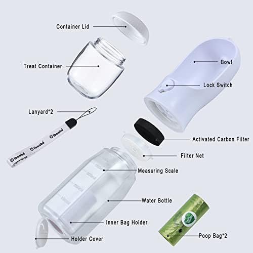 Dog Water Bottle with Food Container & Poop Bag Holder, Travel Water Bowl, Portable Pet Dispenser, Dog Stuff Accessories Items, Puppy Essentials Necessities for Yorkie Chihuahua Walking Hiking