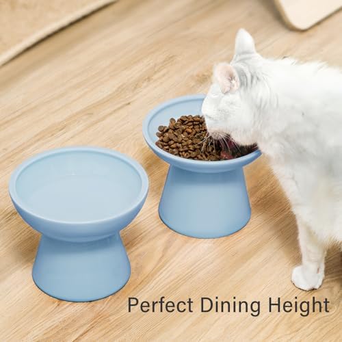2 Extra Wide Elevated Cat Food Bowl, Ceramic Cat Bowls for Food and Water, Wide Shallow Cat Food Dish, Whisker Fatigue, Lead & Cadmium Free, Great Height for Cat, Blue