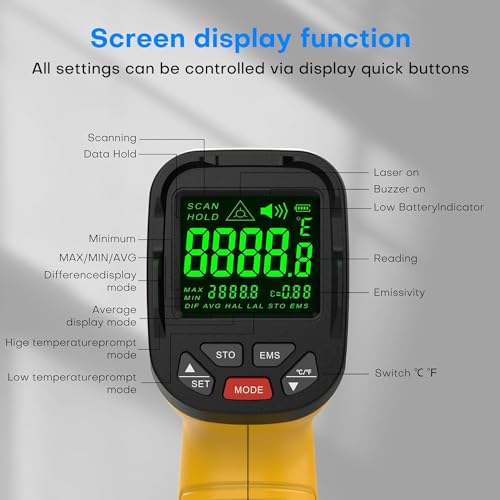Surpeer Infrared Thermometer pyrometer Temperature Gun -50ยฐF to 2552ยฐF, 30:1 Distance Ratio, Laser IR Temp Gun for Cooking, Pizza Oven, Engine, Kilns, Forges, Industry, and Home Repair