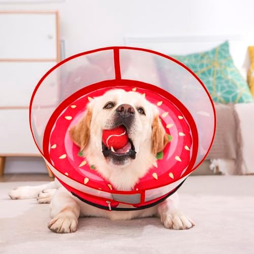 Inflatable Dog Cone Collar for Large Medium Small Dogs, Soft Dog Donut Collar Adjustable Recovery Cone for Pets After Surgery, Extra Enhanced Anti-Licking Guard Shield for Pets (Large, Strawberry)