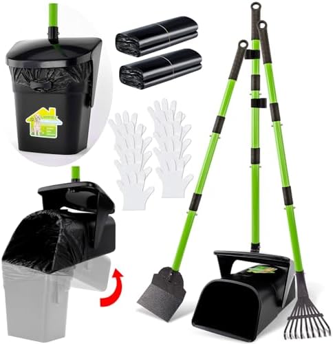 LANNEY Pooper Scooper - 38" Long Adjustable Metal Handle Dog Pooper Scooper Swivel Bin & Rake & Spade with 50 Bags Attachment, Portable Heavy Duty Dog Poop Scooper for Yard Dogs Large Medium Small