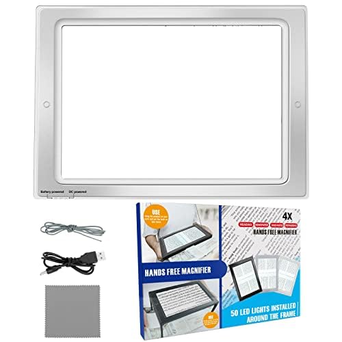 Magnifying Glass for Reading, 10"x 6" Large Lightweight Magnifier with 50 Bright LED Lights Provide Full Book Page Viewing Area Evenly Lit Perfect for Low Vision Person and Seniors Silver
