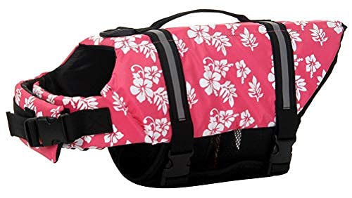 ChezAbbey Dog Life Jacket Adjustable Dog Lifevest Swimsuit Safety Vest Apparel Lifesaver Coat for Small Large Cats Puppy Kitty with Handle Reflective for Swimming and Boating Pink Flower 2XL
