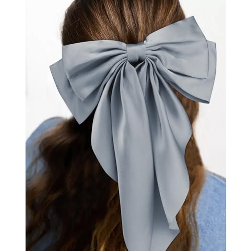 Velscrun Hair Bows for Women Girls 4Pcs White Silky Hair Bow Navy Blue Satin Large Coquette Bow Grey Big Hair Bows Clip Oversized Hair Ribbons Long Tail Black Bow Hair Barrettes Hair Accessories Gifts