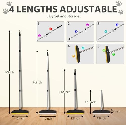 Carpet Rake for Pet Hair Removal: 60" Adjustable Long Handle Pet Hair Removel Tool, 2 in 1 TPU and Copper Pet Hair Remover Broom, Reusable Cat Dog Hair Remover Carpet Scraper (Black)