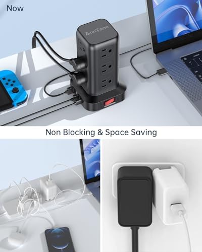 Surge Protector Power Strip 10 FT Cord, Power Strip Tower with 4 USB Ports (1USB C), Extension Cord with 12 AC Multiple Outlets, Home Office Supplies Desk Accessories, Dorm Room Essentials