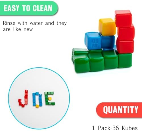 KOMARC GAMES StickiKubes, Mini Stacking Cubes That Stick to Anything, Non Toxic Kid Safe Sticky Blocks, Creative Construction Toy - 36 Cubes, 4 Colors, Display Easel