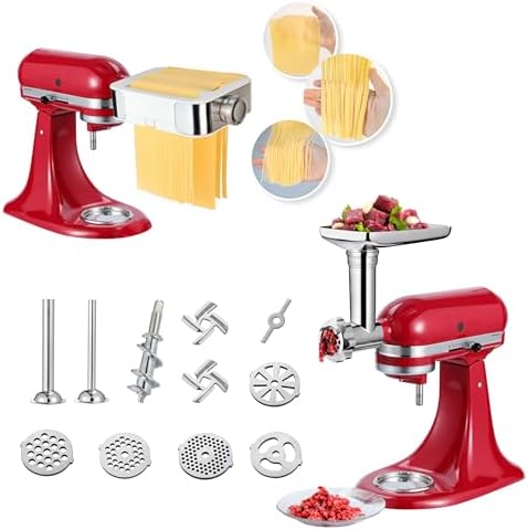Meat Grinder Pasta Maker Set for ALL Kitchenaid Stand Mixers,for Kitchen Aid Accessories Includes Metal Food Grinder with Sausage Stuffer Tubes and 3 in 1 Pasta Maker Attachment with Dough Cutter