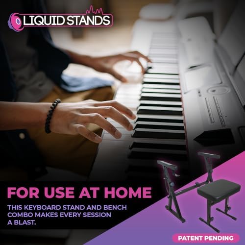 Liquid Stands Piano Keyboard Stand and Bench Set - Portable Heavy Duty Digital Piano Stand for 54-88 Key Electric Pianos & Adjustable Bench, Chair, Stool, Seat - Sturdy Keyboard Music Accessories