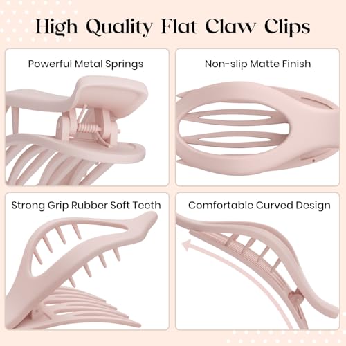 6 PCS Large Flat Hair Clips for Women Girls, French Concord Lay Down Hair Claw Clips for Thick Thin Hair, Comfortable Curved Flat Clips, Matte Non-slip Strong Hold Hair Accessories, Neutral