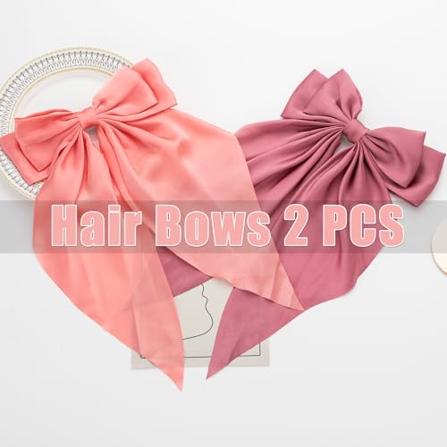 Hair Bows 2 PCS, Hair Bows for Women, Hair Ribbons, Oversized Long-tail Cute Aesthetic Hair Accessories, Large Hair Barrettes for Women, Big Bows for Girls (Watermelon Red, Deep Pink)