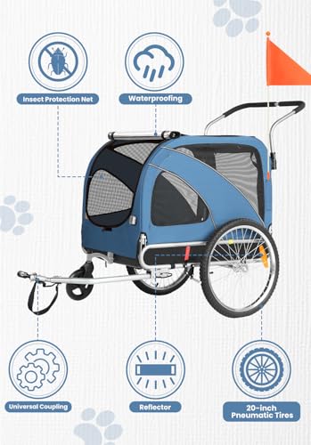 Sepnine 2 in 1 Pet Bicycle Trailer with a 6" Stroller Wheel Suitable for Small and Medium Dogs, Carrier Up to 66/88 LBS, Easy Folding Cart Frame, Quick Release Wheel, Universal Bicycle Coupler