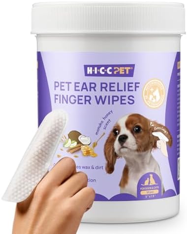 HICC PET Dog Ear Wipes Finger 50 Count Dog Ear Cleaner Wipes for Dogs & Cats, Dog Ear Infection Treatment to Relieve Ear Itching & Inflammation, Remove Ear Wax, Dirt, Smelly - Honey Scent