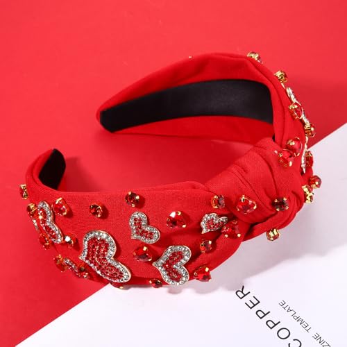 Valentine’s Day Heart Headbands for Women Valentine’s Day Accessories Jeweled Beaded Heart Knotted Headband Pink Red Rhinestone Wide Top Knot Headband Valentine Party Favors Gifts (Valentine's 2)