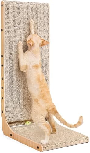 EHEYCIGA Cardboard Cat Scratcher for Indoor Cats, 32 Inch L Shaped Vertical Cat Scratching Board with Ball Cat Toy, Extra Large Cat Scratcher Pad, Brown