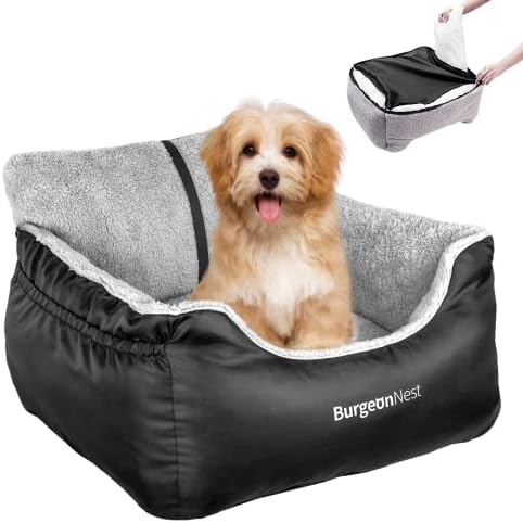 BurgeonNest Dog Car Seat for Small Dogs, Fully Detachable and Washable Cat Carseats Under 25 lbs, Soft Pet Booster Seats with Storage Pockets and Clip-On Leash Portable Car Travel Carrier Bed, Black