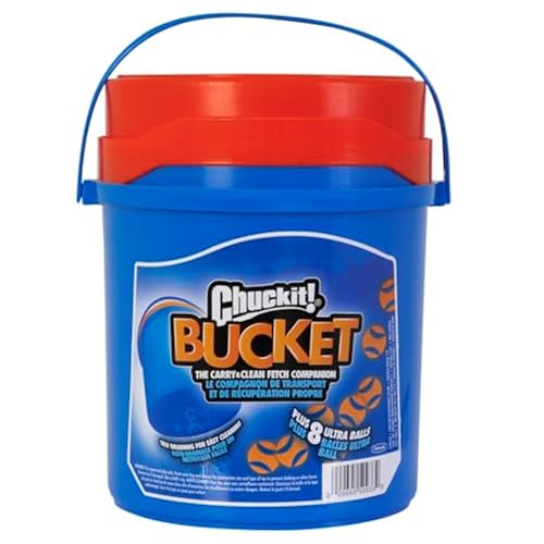 Chuckit! Ultra Ball Dog Toy with Chuckit! Cleaning Bucket, Bouncy Fetch Pet Toys For Dogs 20-60 lbs, Interactive Dog Toys, Durable Rubber, Size Medium, 2.5-inch Diameter, 8-Pack of Balls