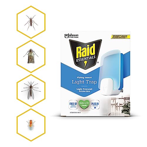 Raid Essentials Flying Insect Light Trap Starter Kit, 1 Plug-in Device + 1 Cartridge, Featuring Light Powered Attraction