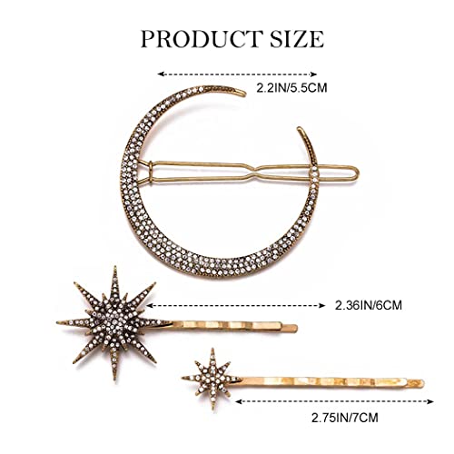 Bartosi Rhinestone Moon Hair Clips Star Hairpins Crystal Decorative Bobby Pins Retro Bride Wedding Hair Pins Side Clip Hair Accessories for Women and Girls (Pack of 3) (Bronze)